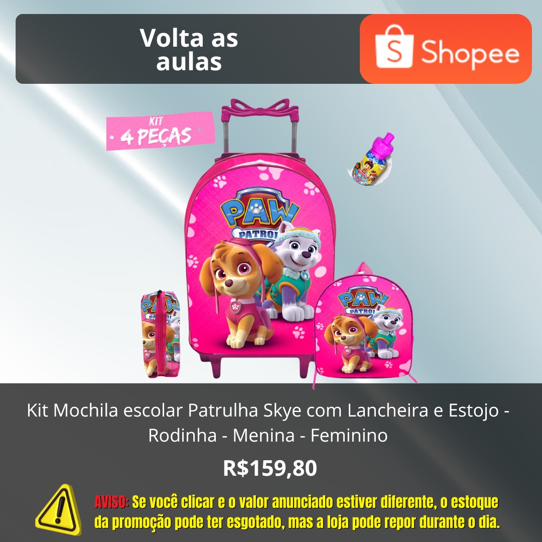 Kit Mochila escolar Patrulha Skye com Lancheira e Estojo - Rodinha - Menina - Feminino