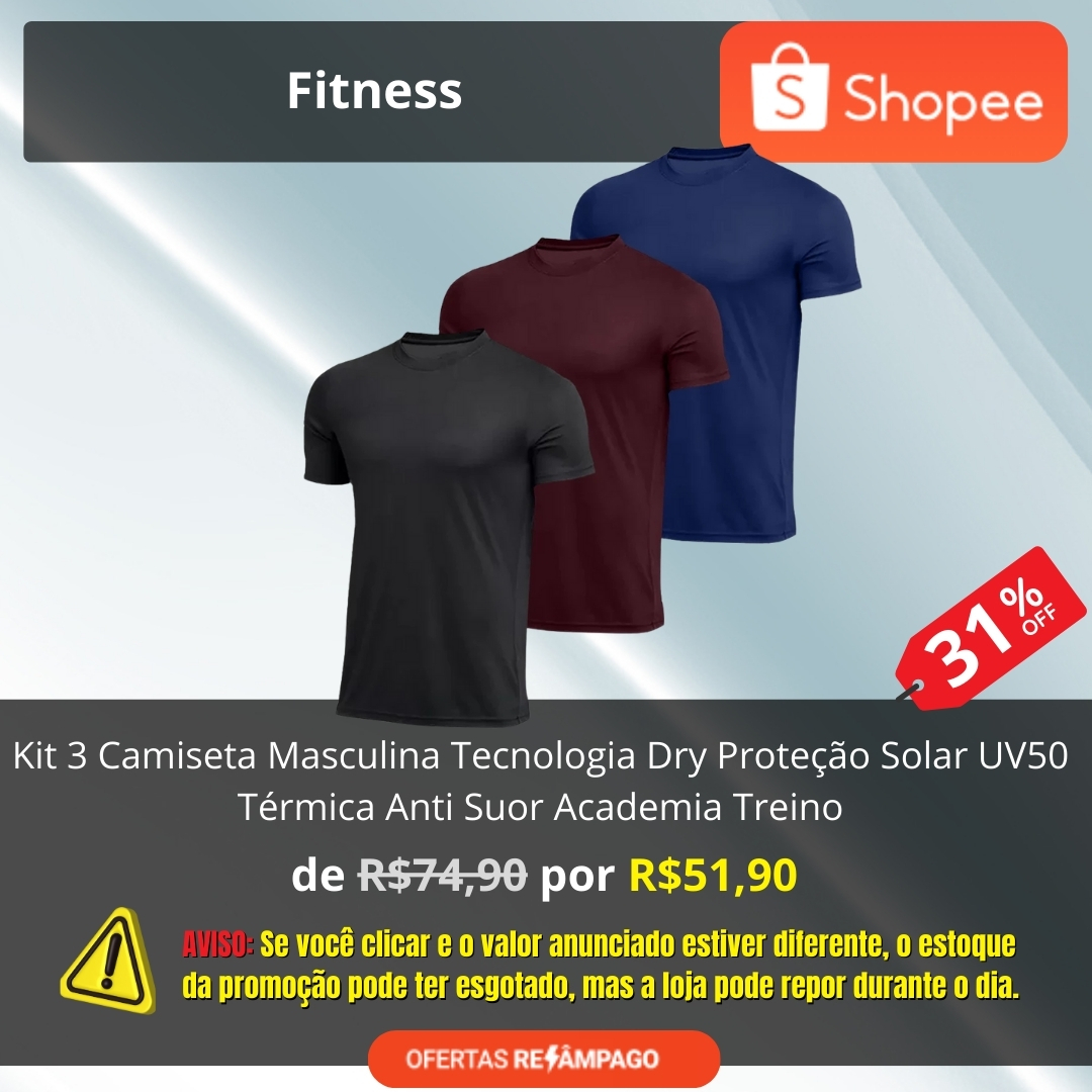 Kit 3 Camiseta Masculina Tecnologia Dry Proteção Solar UV50 Térmica Anti Suor Academia Treino